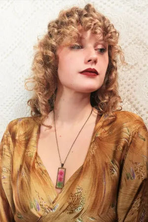 Brass Rectangle Dried Flower Pendant Necklace - Magenta & Green