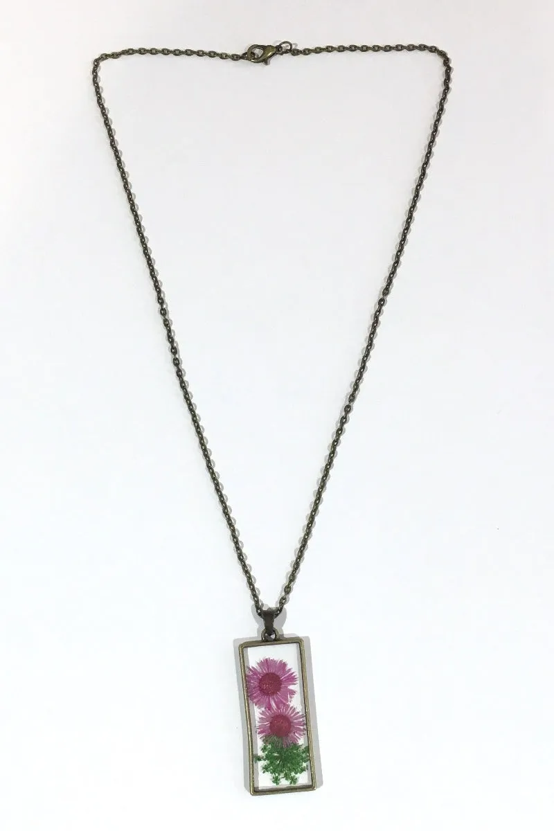 Brass Rectangle Dried Flower Pendant Necklace - Magenta & Green