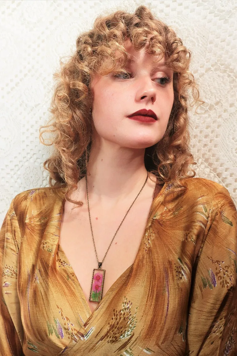 Brass Rectangle Dried Flower Pendant Necklace - Magenta & Green