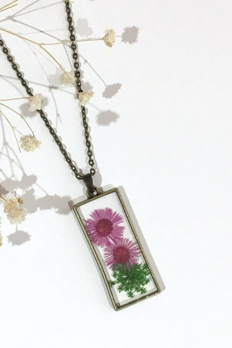 Brass Rectangle Dried Flower Pendant Necklace - Magenta & Green