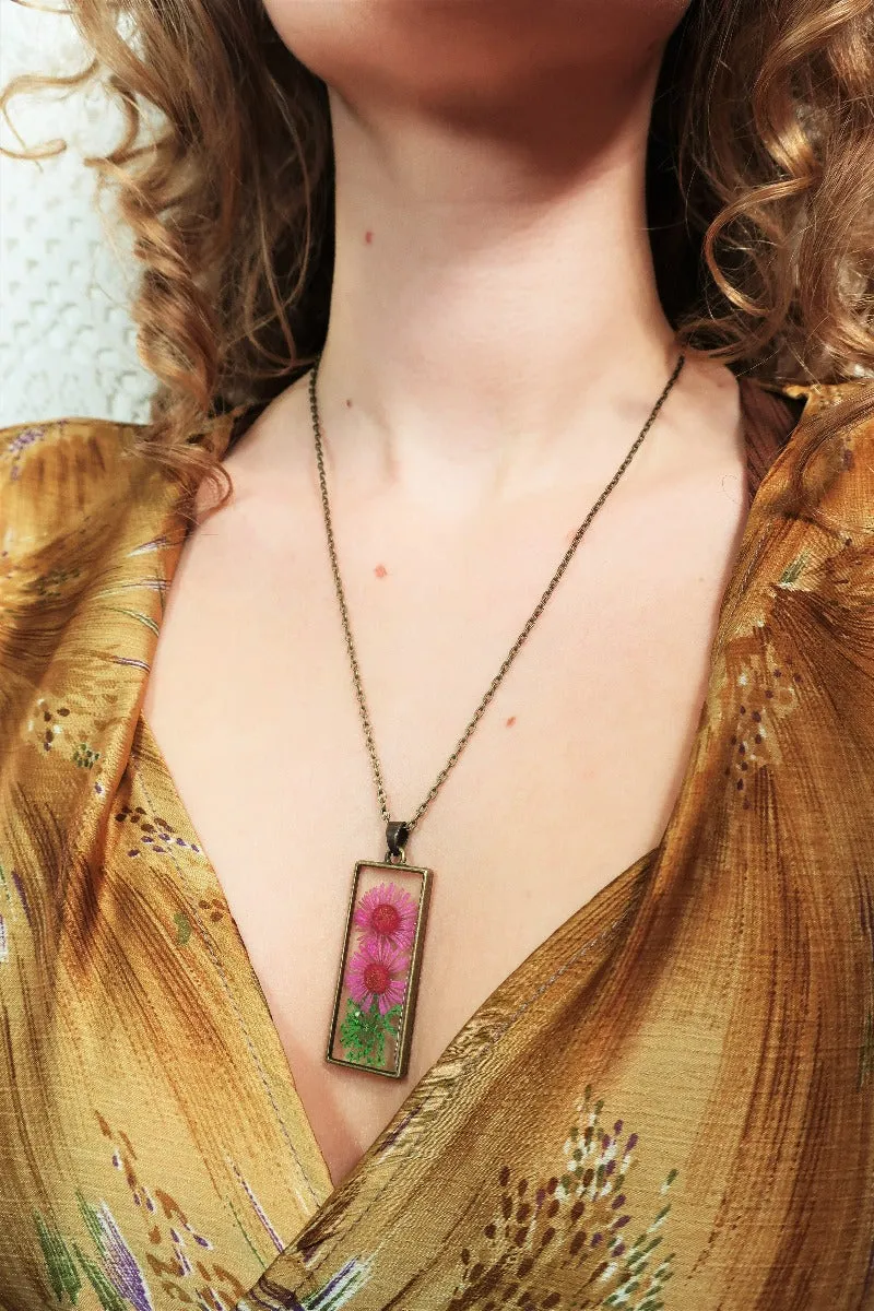 Brass Rectangle Dried Flower Pendant Necklace - Magenta & Green