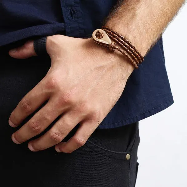 CALLAO Braided Leather Bracelets Thimble Charm Wrap Wristbands for Men Women Brown Four Wraps Rose Gold