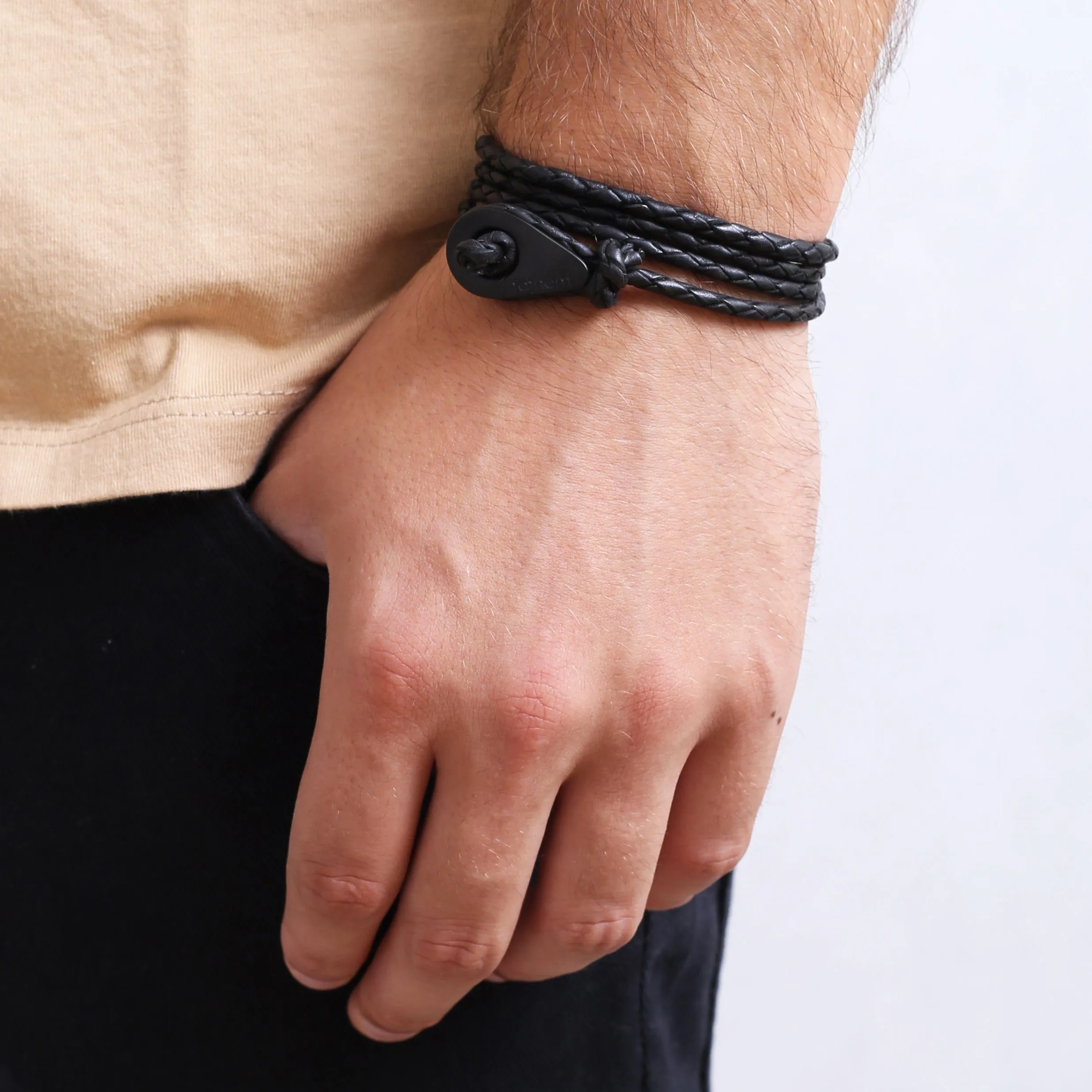 CAPE TOWN Braided Leather Bracelets Thimble Charm Wrap Wristbands for Men Women Black Four Wraps Matte Black