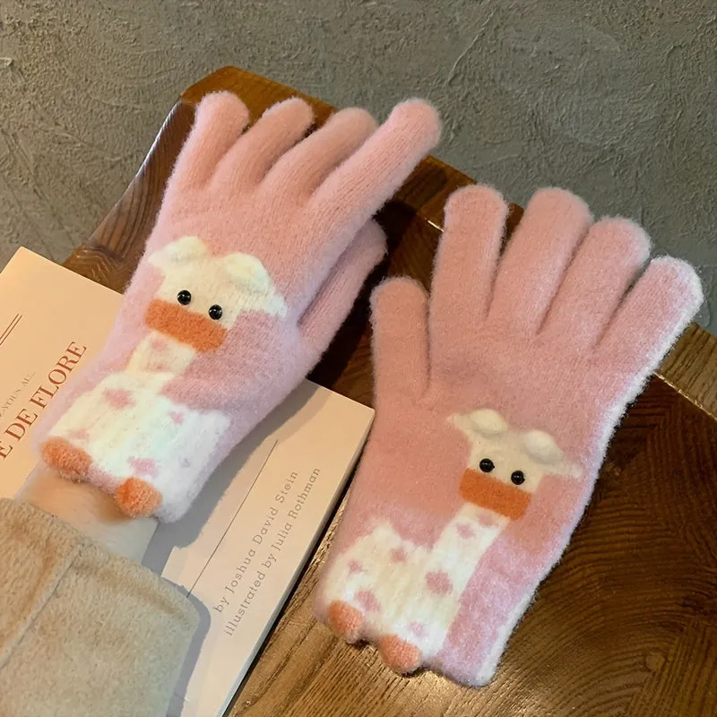 Cute Cartoon Animal Plush Gloves Short Thick Warm Knit Touchscreen Gloves Winter Coldproof Split Finger Gloves