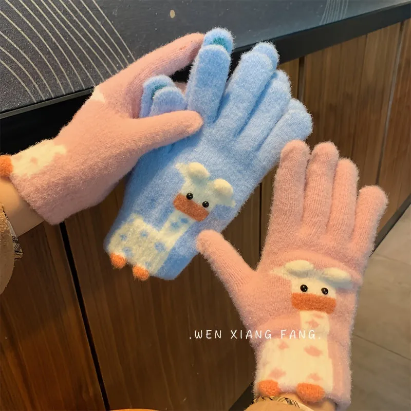 Cute Cartoon Animal Plush Gloves Short Thick Warm Knit Touchscreen Gloves Winter Coldproof Split Finger Gloves