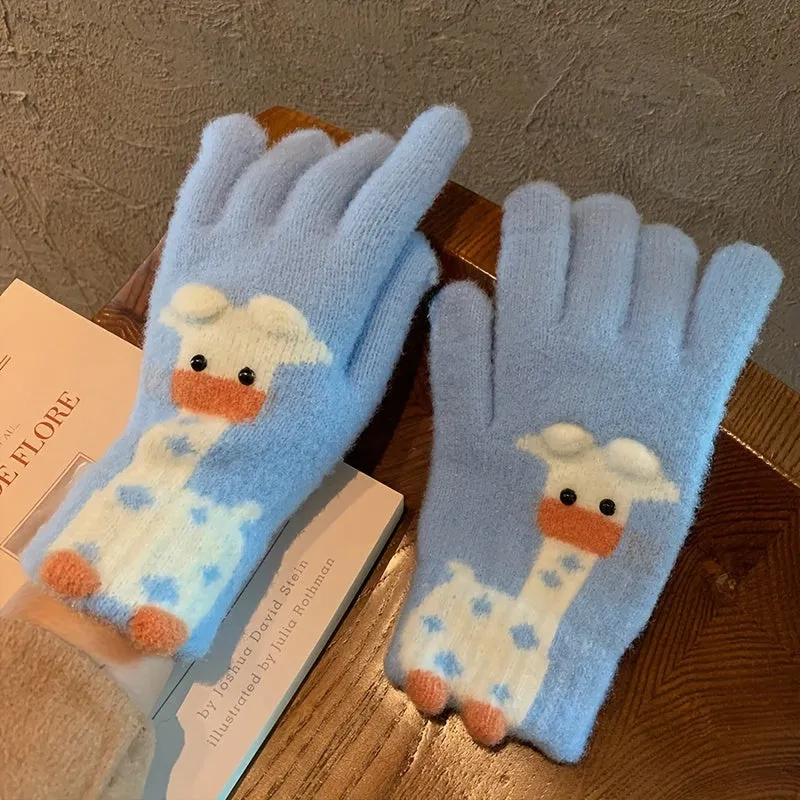 Cute Cartoon Animal Plush Gloves Short Thick Warm Knit Touchscreen Gloves Winter Coldproof Split Finger Gloves