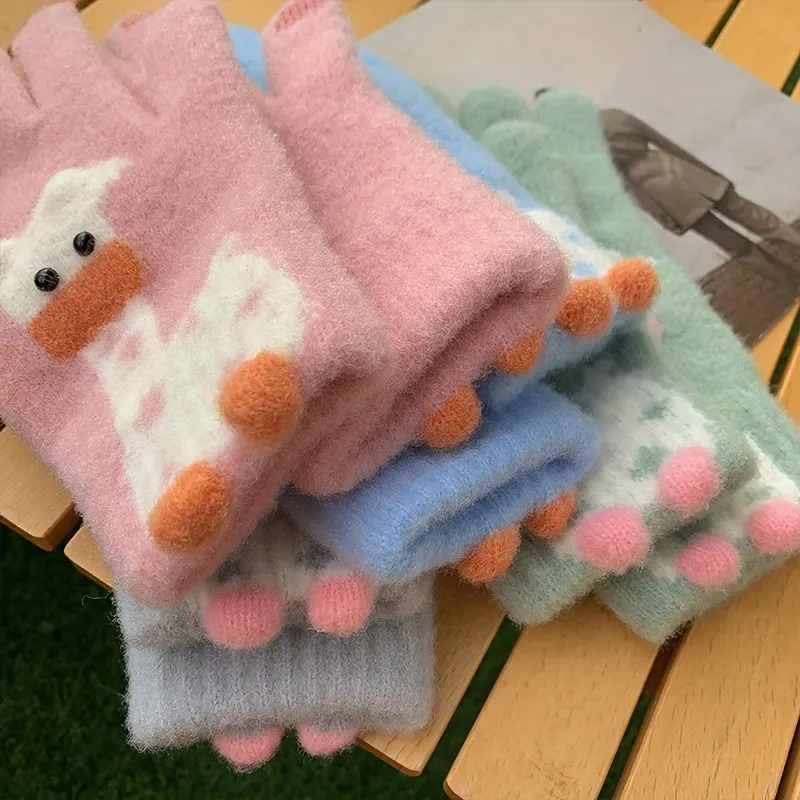 Cute Cartoon Animal Plush Gloves Short Thick Warm Knit Touchscreen Gloves Winter Coldproof Split Finger Gloves