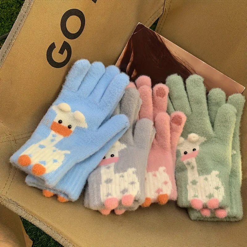 Cute Cartoon Animal Plush Gloves Short Thick Warm Knit Touchscreen Gloves Winter Coldproof Split Finger Gloves