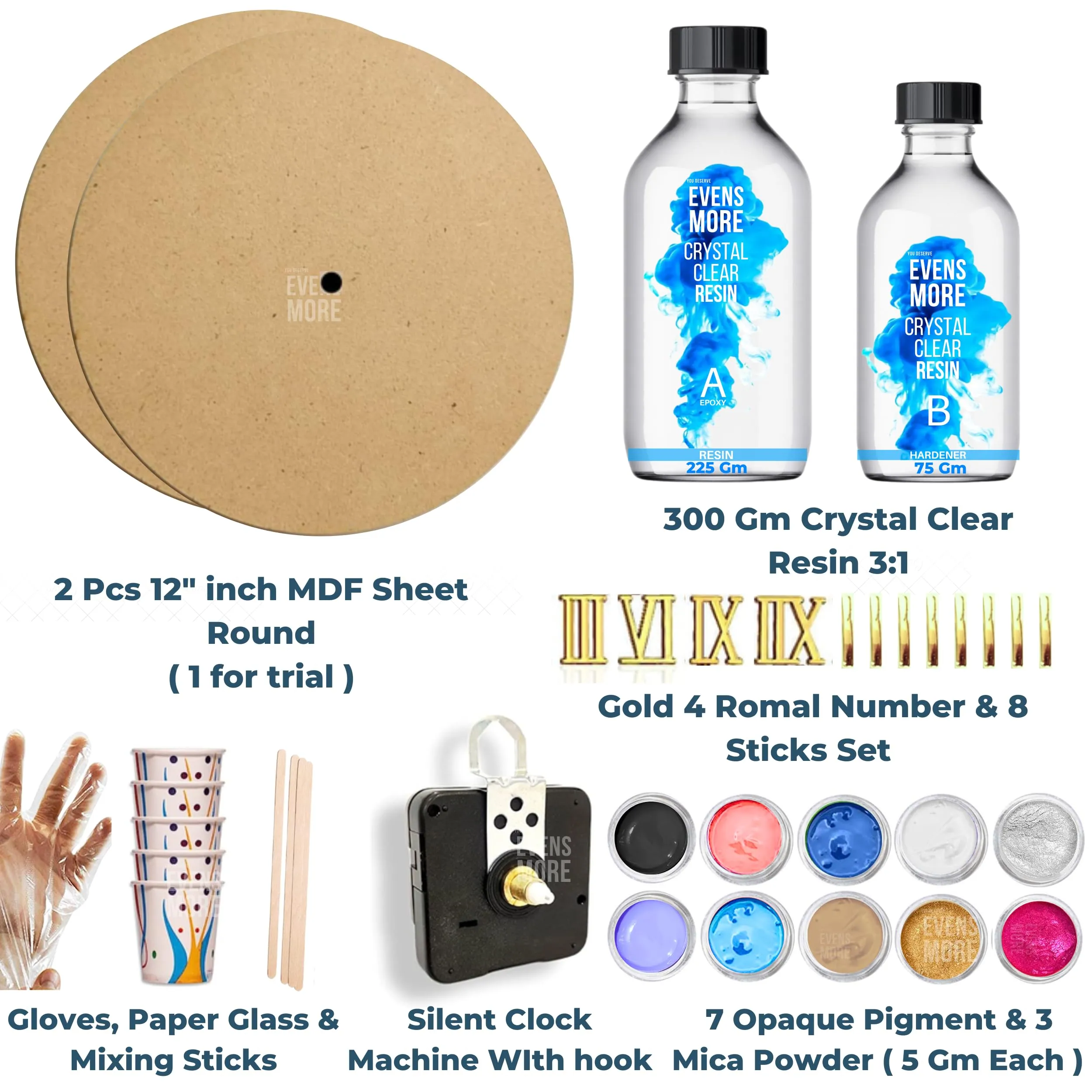 EVENS MORE Diy Resin Art Clock Making Kit - Resin, 12" Round Mdf Sheet, Pigments, Clock Machine, And More, Multicolor