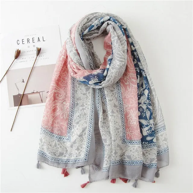 Flower Tassel Edge Beach Wrap Pashmina Scarf