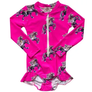 Fluro Horses Girls Long Sleeve Zip Swimmers