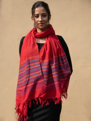 Handwoven Kashida Pattu Cotton Stole / Dupatta - Warm Red