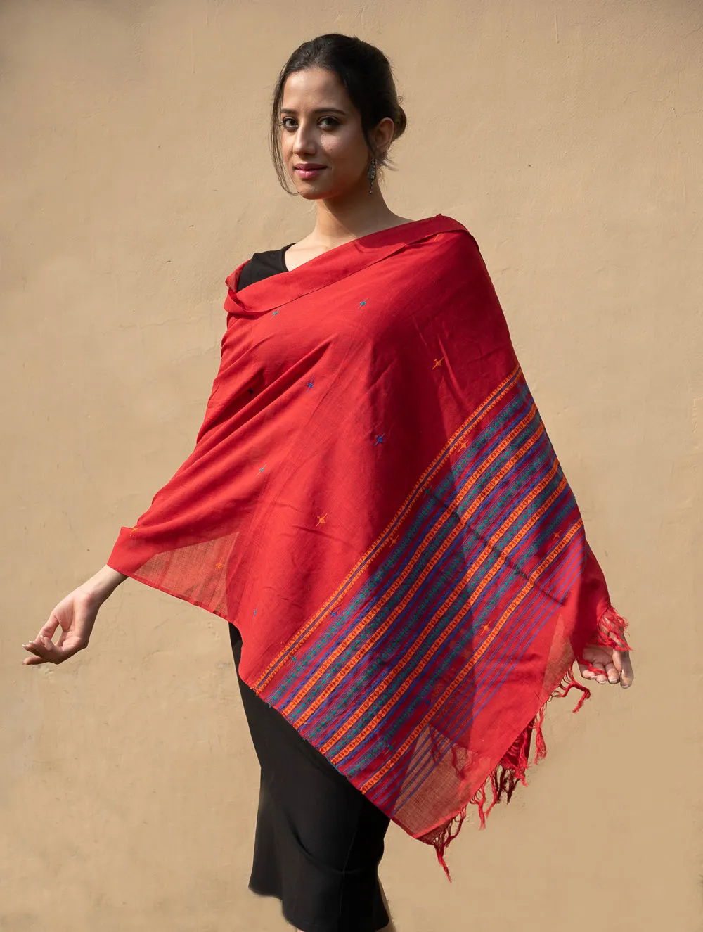 Handwoven Kashida Pattu Cotton Stole / Dupatta - Warm Red