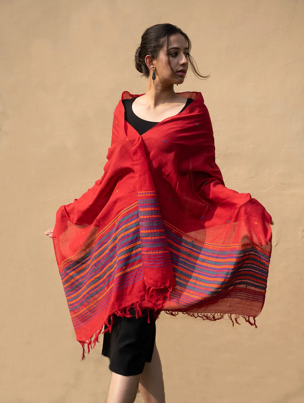 Handwoven Kashida Pattu Cotton Stole / Dupatta - Warm Red