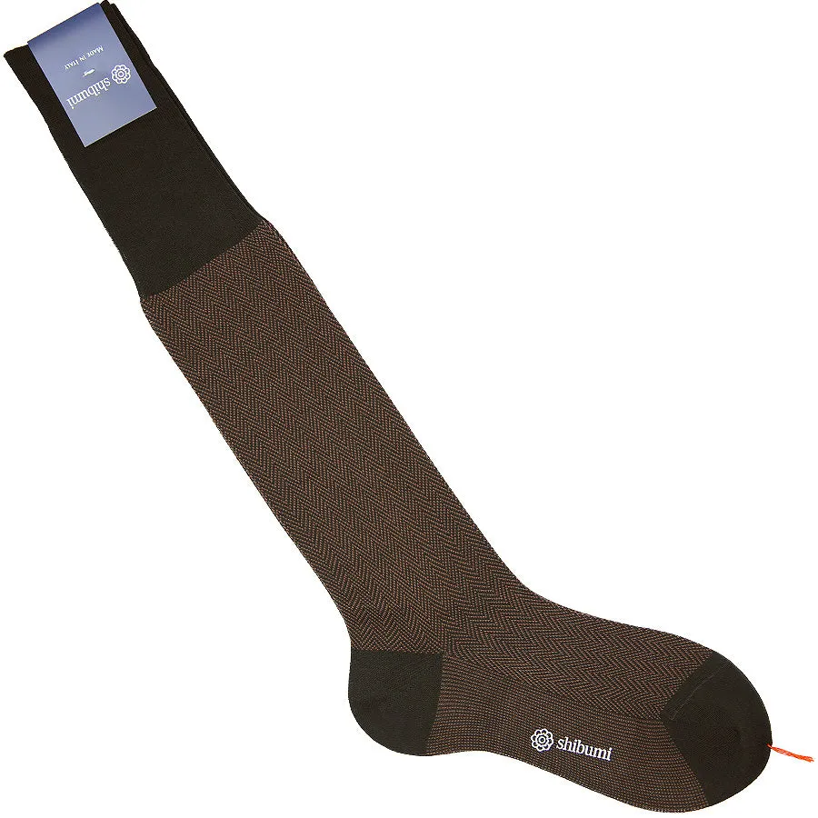 Knee Socks - Herringbone - Brown - Pure Cotton