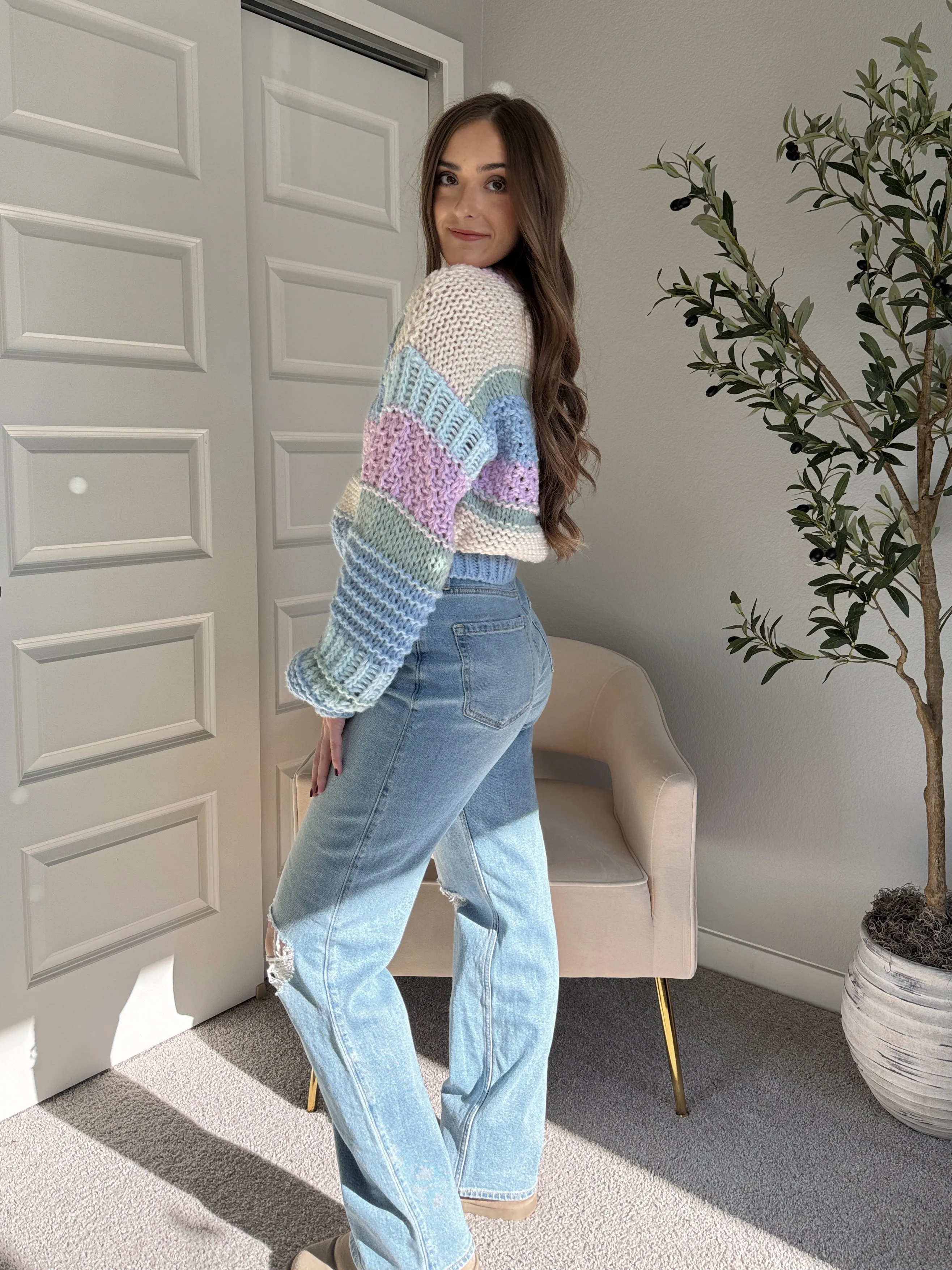 Mabel Striped Mock Neck Chunky Knit Sweater (Lilac/Multi)
