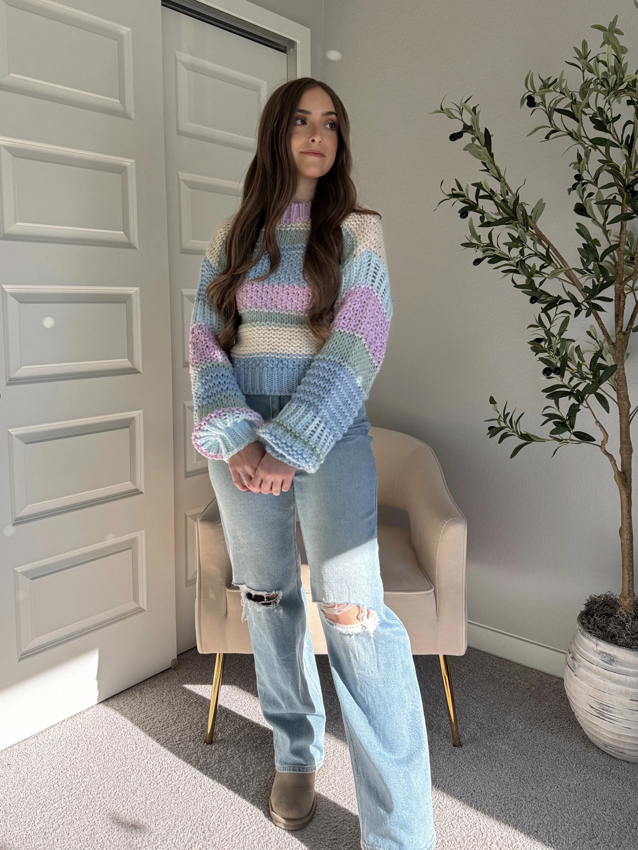 Mabel Striped Mock Neck Chunky Knit Sweater (Lilac/Multi)
