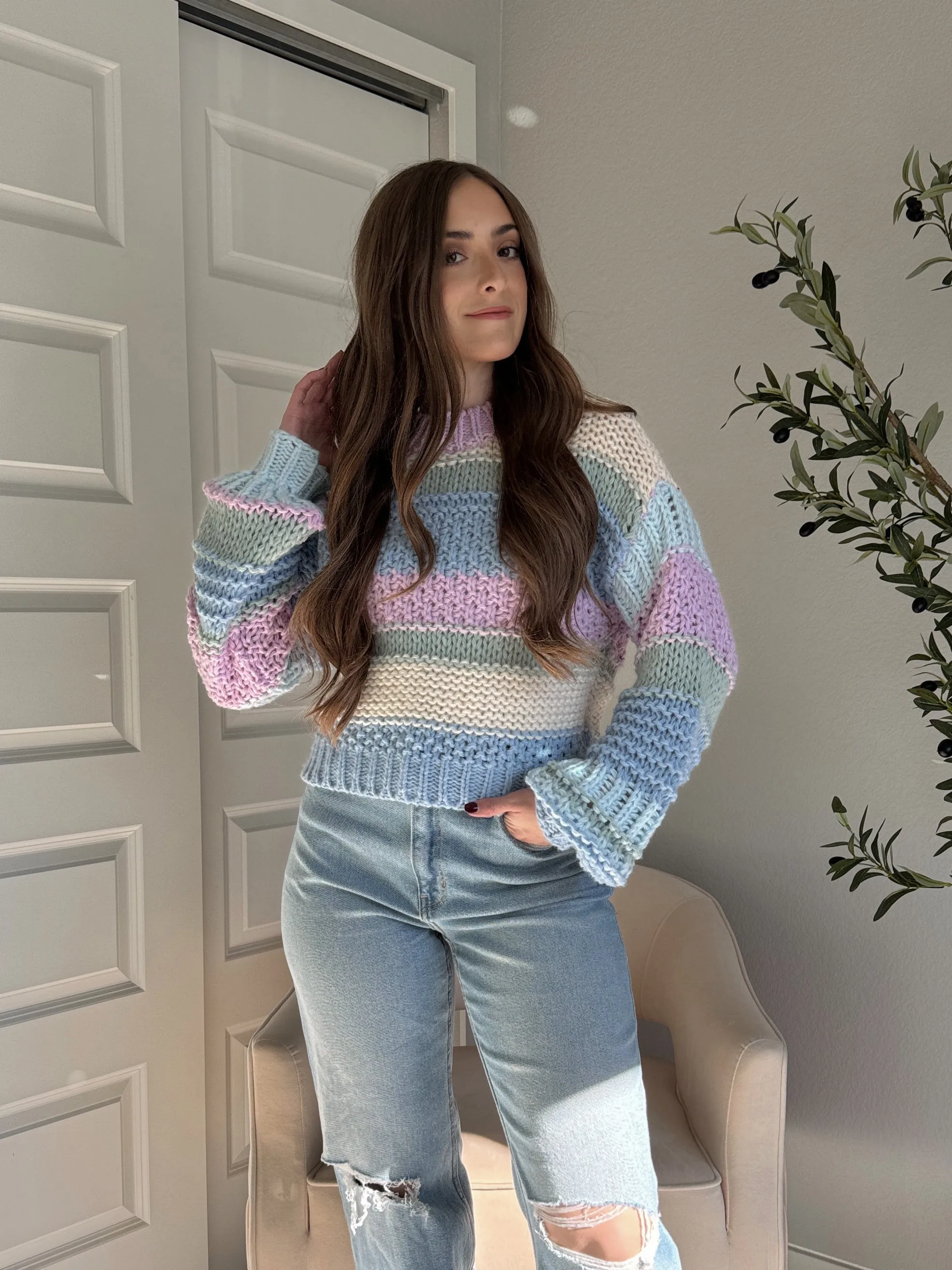 Mabel Striped Mock Neck Chunky Knit Sweater (Lilac/Multi)