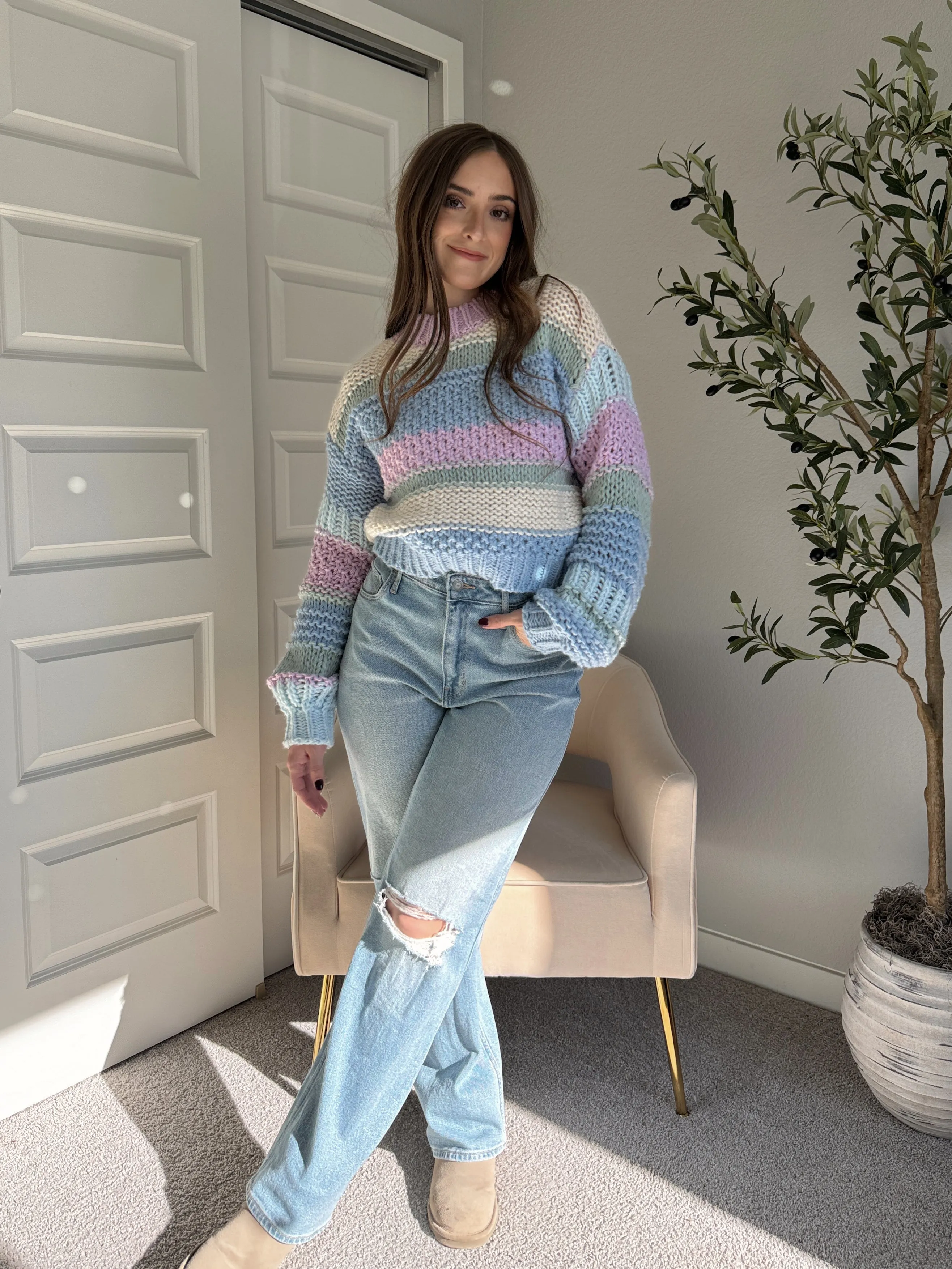 Mabel Striped Mock Neck Chunky Knit Sweater (Lilac/Multi)