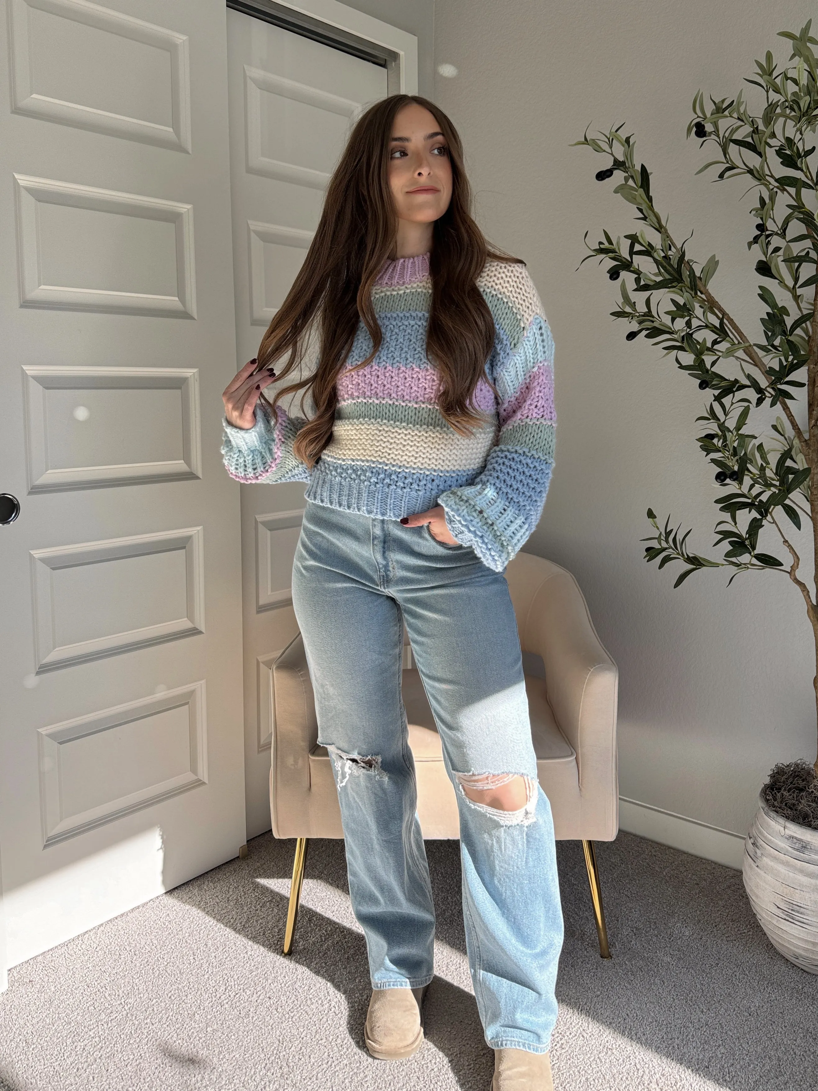 Mabel Striped Mock Neck Chunky Knit Sweater (Lilac/Multi)
