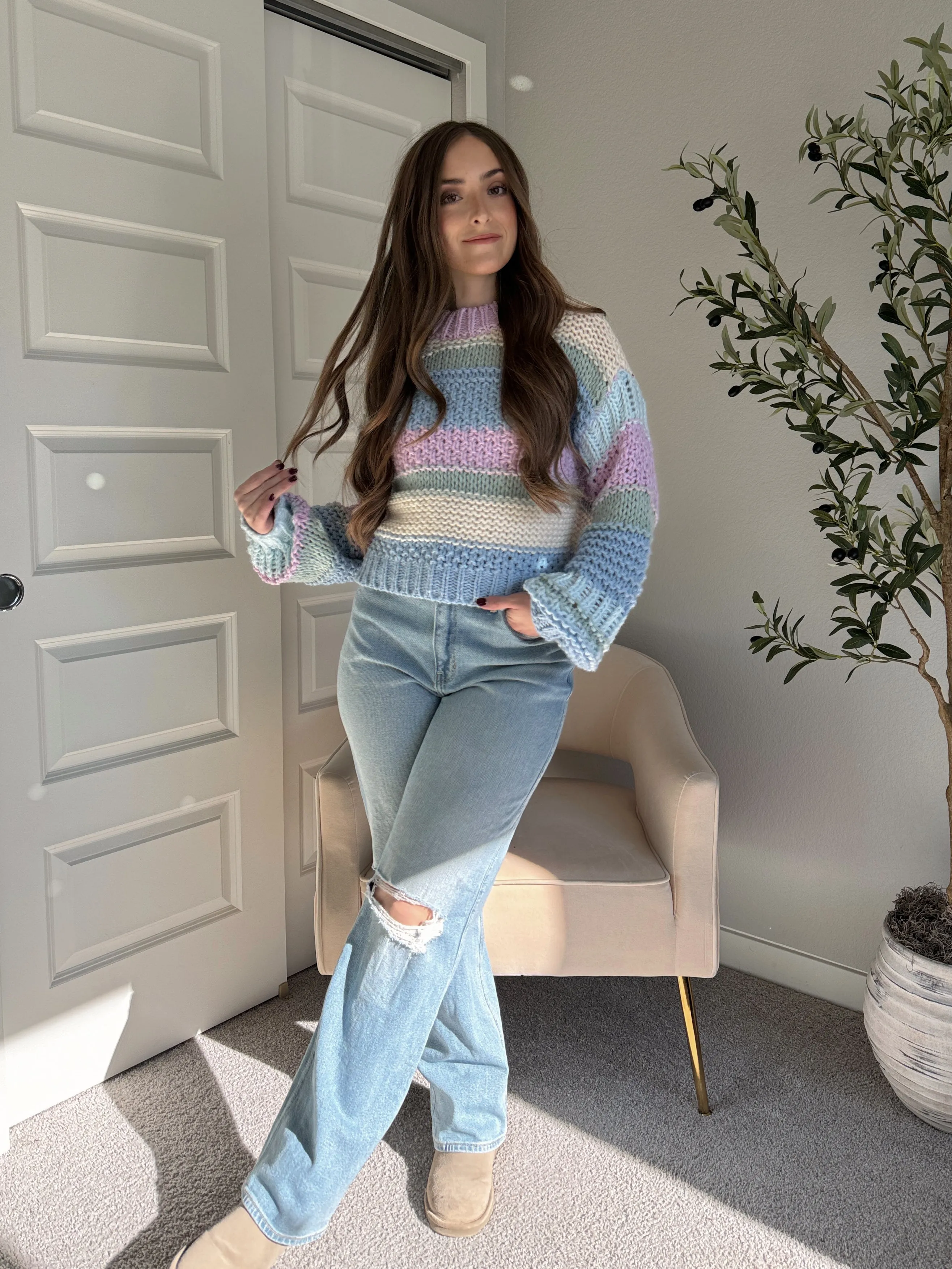 Mabel Striped Mock Neck Chunky Knit Sweater (Lilac/Multi)