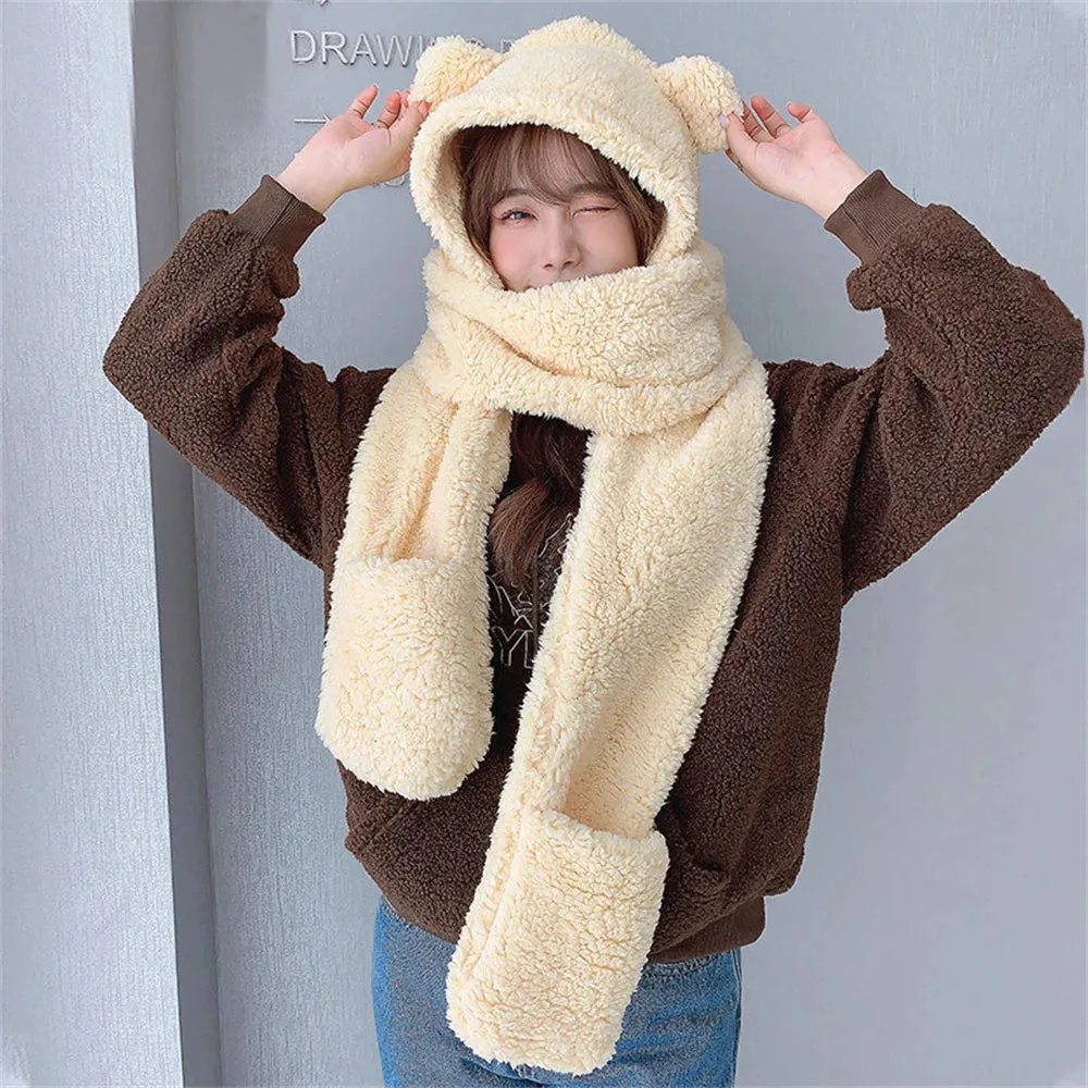 New Cute Bear Ear Hat Scarf Gloves Set Winter Women Beanies Caps Warm Casual Plush Hats Casual Solid Fleece Girl Kawaii Present