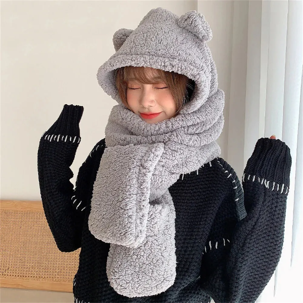 New Cute Bear Ear Hat Scarf Gloves Set Winter Women Beanies Caps Warm Casual Plush Hats Casual Solid Fleece Girl Kawaii Present