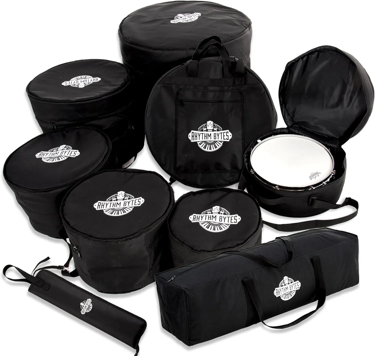 Rhythm Bytes Drum Bags Set, 9-pcs Set, 10/12/13/16 F Tom/14 Snare/22 Bass/ Drum hardware bag/ Cymbal Bag/ Drumsticks bag
