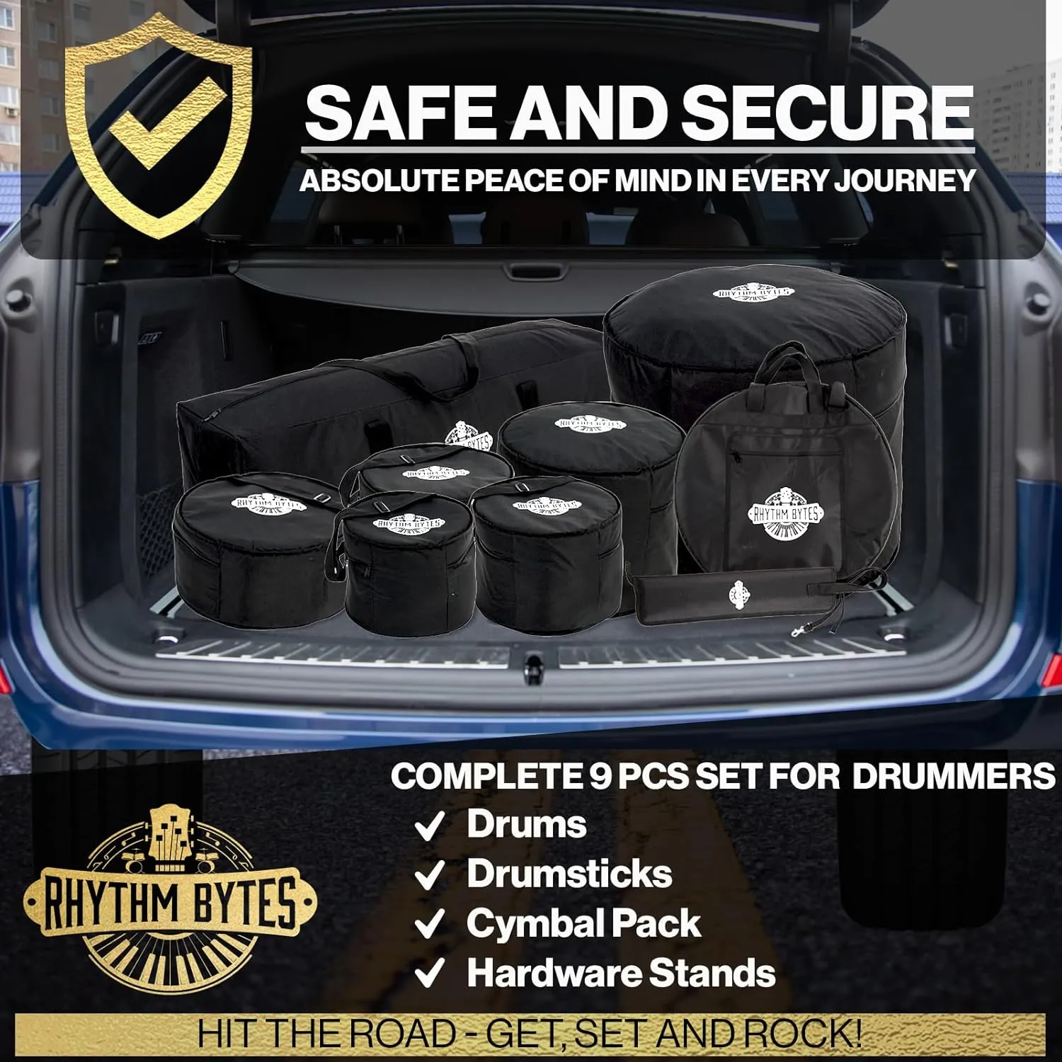 Rhythm Bytes Drum Bags Set, 9-pcs Set, 10/12/13/16 F Tom/14 Snare/22 Bass/ Drum hardware bag/ Cymbal Bag/ Drumsticks bag