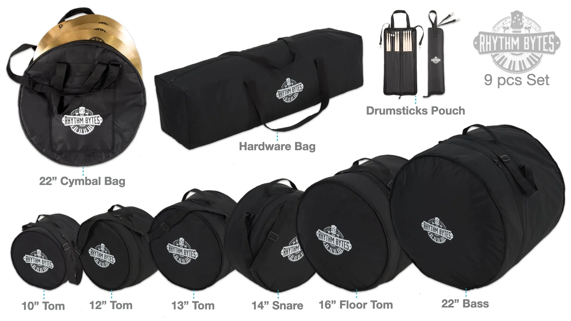 Rhythm Bytes Drum Bags Set, 9-pcs Set, 10/12/13/16 F Tom/14 Snare/22 Bass/ Drum hardware bag/ Cymbal Bag/ Drumsticks bag