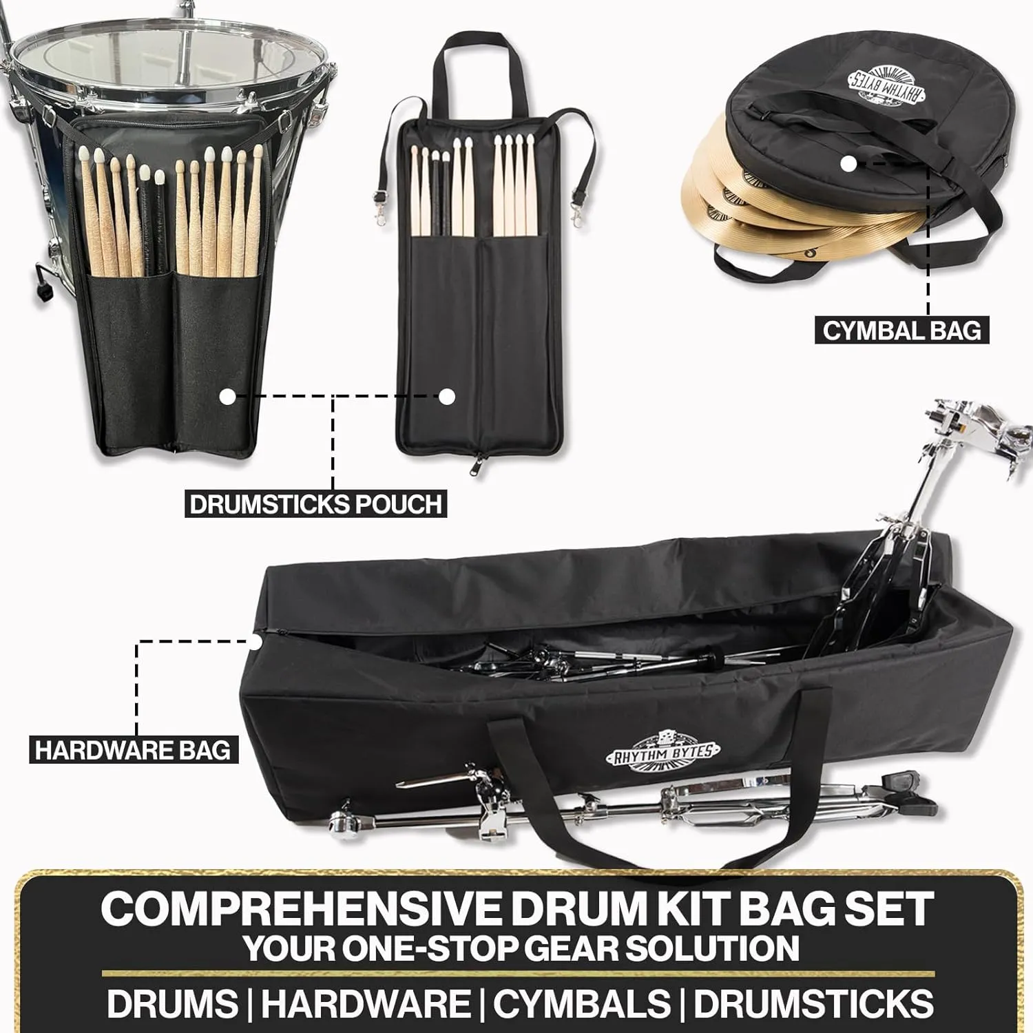 Rhythm Bytes Drum Bags Set, 9-pcs Set, 10/12/13/16 F Tom/14 Snare/22 Bass/ Drum hardware bag/ Cymbal Bag/ Drumsticks bag