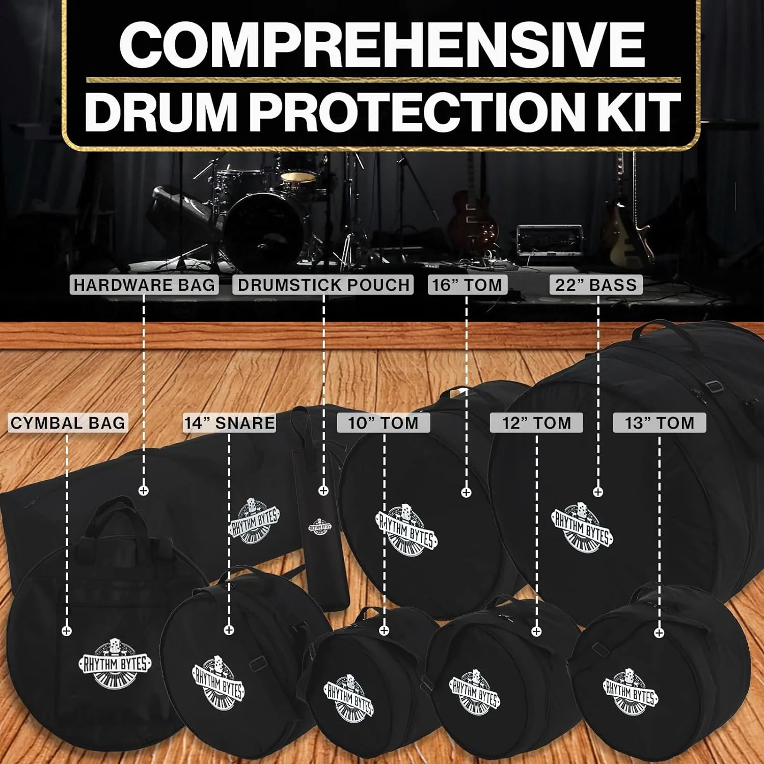 Rhythm Bytes Drum Bags Set, 9-pcs Set, 10/12/13/16 F Tom/14 Snare/22 Bass/ Drum hardware bag/ Cymbal Bag/ Drumsticks bag
