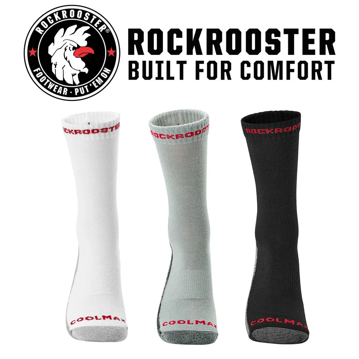RockRooster CoolMax Men's Moisture Control Durable Work Crew Socks 3 Pairs
