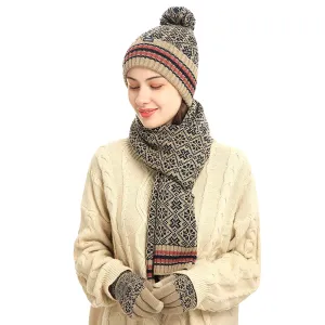 Sidiou Group Winter 3 Pieces Knitted Snowflake Beanie Cap Warm Scarf Touch Screen Gloves Set For Unisex Ski Scarves Hat And Glove Sets