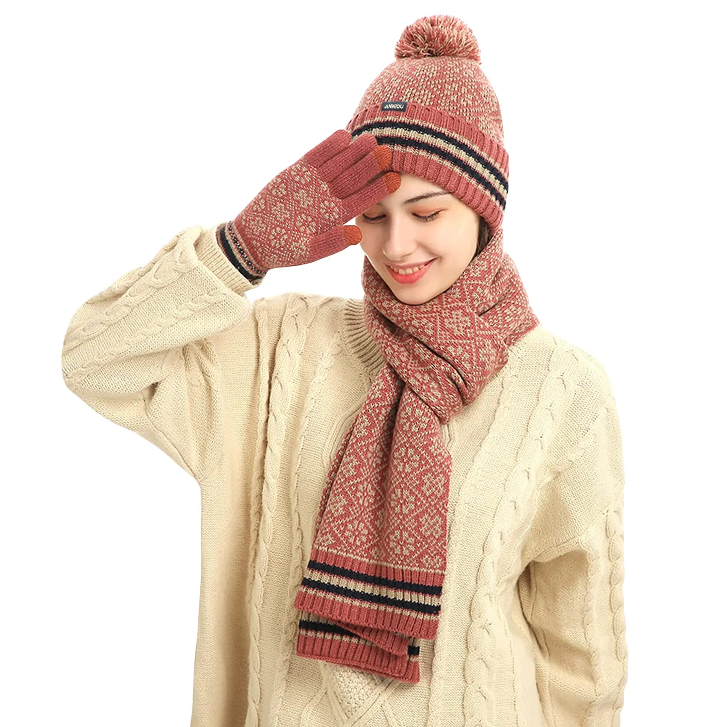 Sidiou Group Winter 3 Pieces Knitted Snowflake Beanie Cap Warm Scarf Touch Screen Gloves Set For Unisex Ski Scarves Hat And Glove Sets
