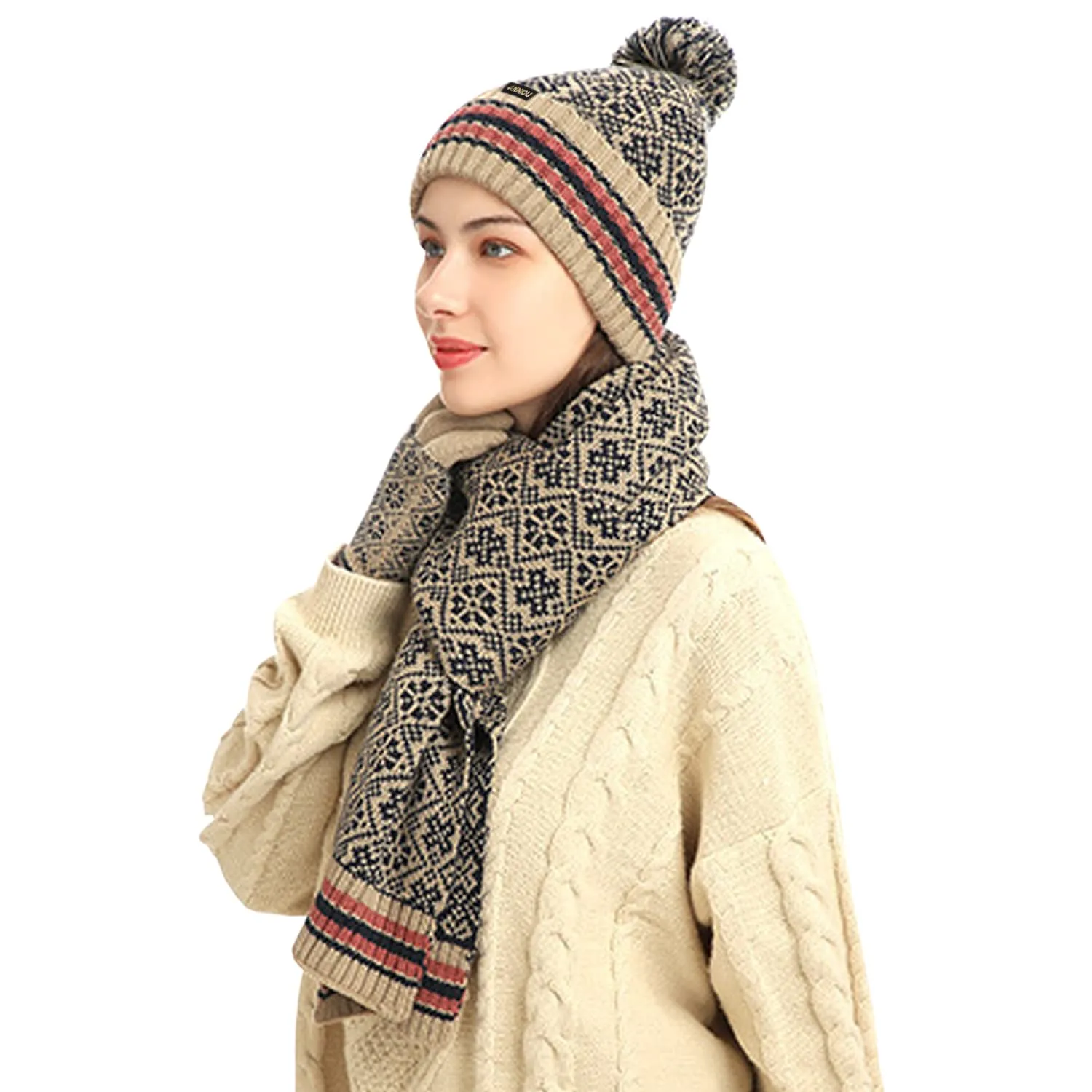 Sidiou Group Winter 3 Pieces Knitted Snowflake Beanie Cap Warm Scarf Touch Screen Gloves Set For Unisex Ski Scarves Hat And Glove Sets