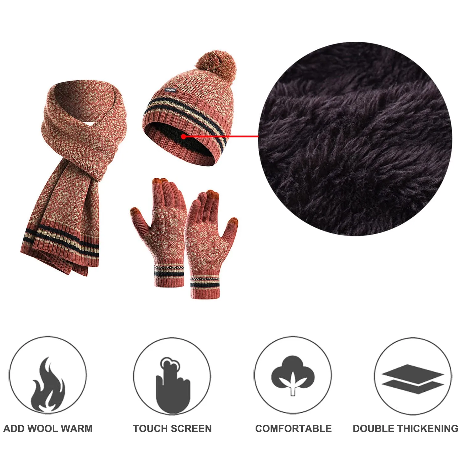 Sidiou Group Winter 3 Pieces Knitted Snowflake Beanie Cap Warm Scarf Touch Screen Gloves Set For Unisex Ski Scarves Hat And Glove Sets