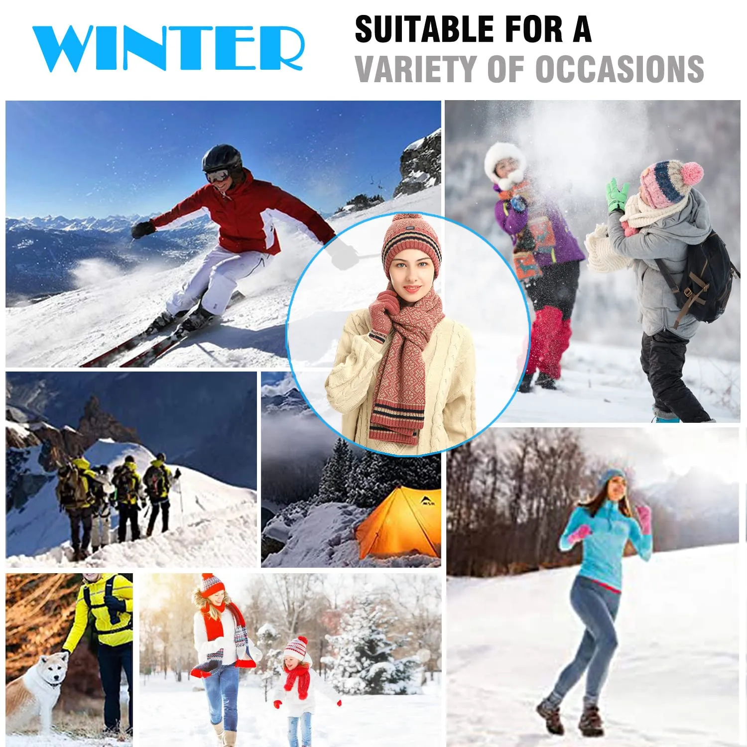 Sidiou Group Winter 3 Pieces Knitted Snowflake Beanie Cap Warm Scarf Touch Screen Gloves Set For Unisex Ski Scarves Hat And Glove Sets