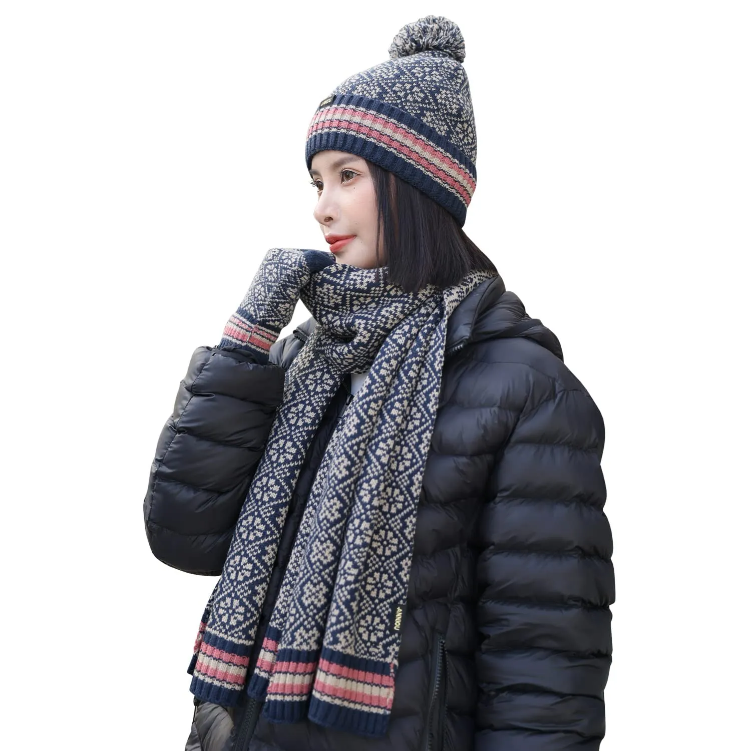 Sidiou Group Winter 3 Pieces Knitted Snowflake Beanie Cap Warm Scarf Touch Screen Gloves Set For Unisex Ski Scarves Hat And Glove Sets