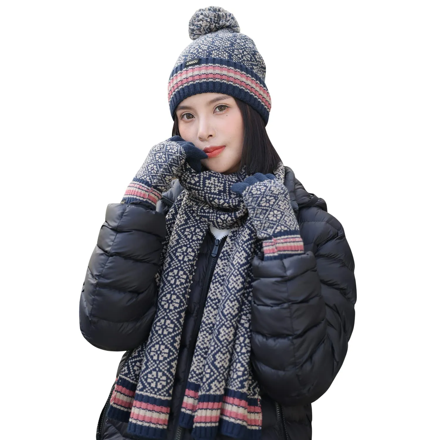 Sidiou Group Winter 3 Pieces Knitted Snowflake Beanie Cap Warm Scarf Touch Screen Gloves Set For Unisex Ski Scarves Hat And Glove Sets