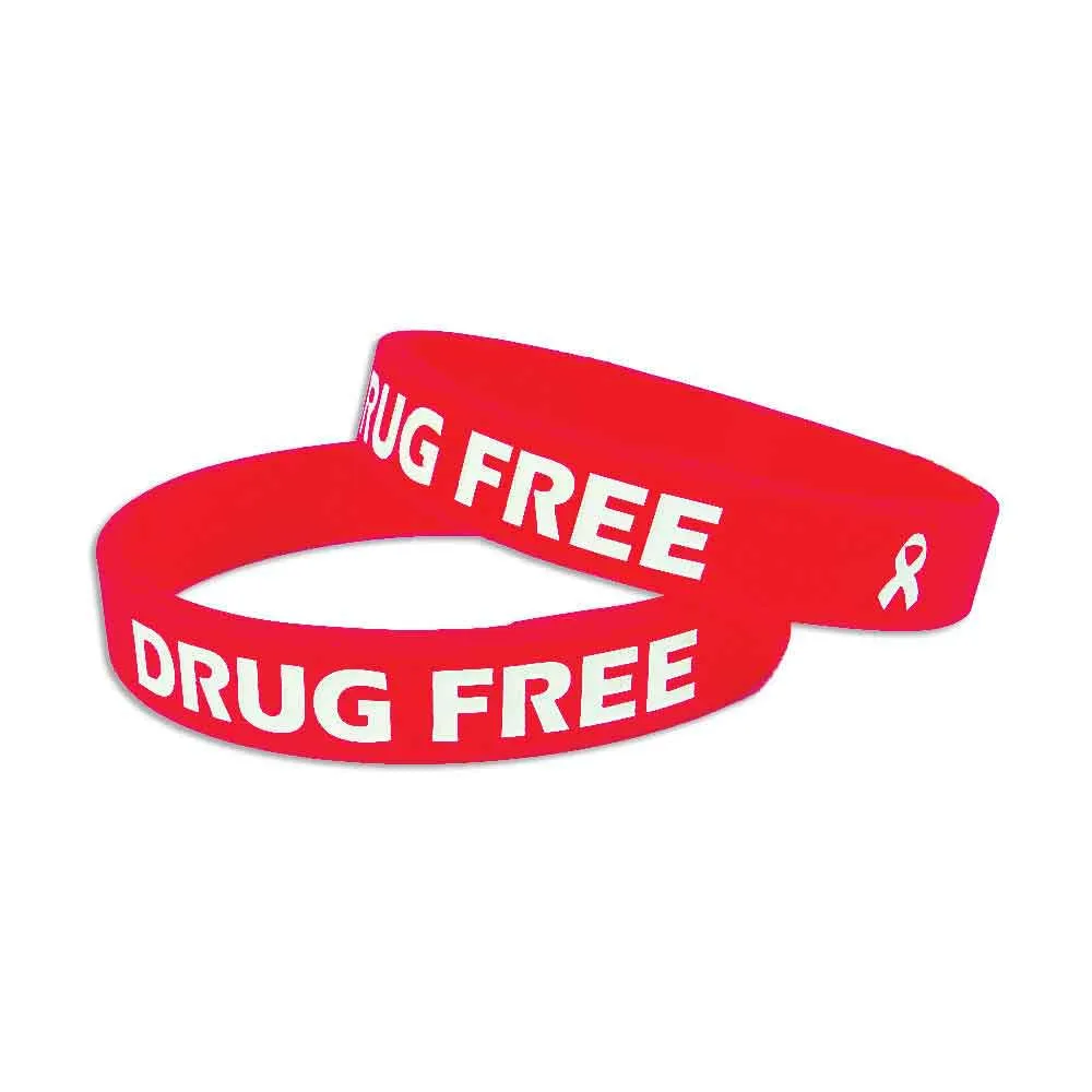 Silicone Wristbands Color Fill Debossed 1/2" Drug Free Design - Red (100/Pack)
